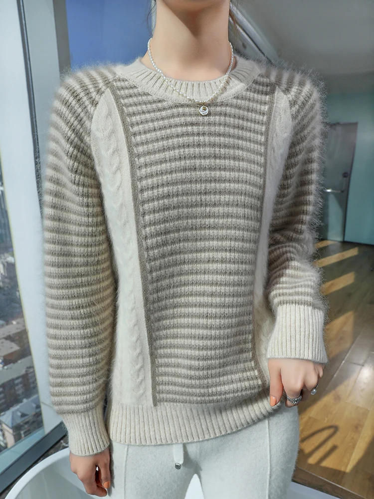 

TLOML Autumn Winter Thick Women's 100% Mink Cashmere Sweater O-Neck Striped Pullover Casual Soft Warm Mink Cashmere Comfy Tops