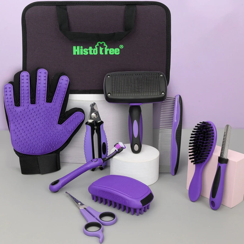 9-delige set schoonmaakgereedschappen voor huisdieren, kammen voor huisdieren, professionele nagelknipper, verzorgingsschaar voor honden, kattenkammen en handschoenen voor katten