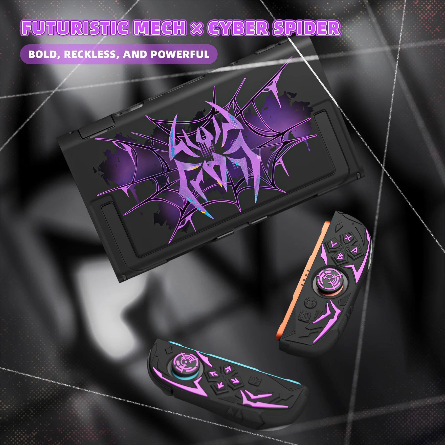 Etui ochronne PlayVital Cyber Spider do Nintendo Switch 2, ergonomiczne silikonowe nakładki antypoślizgowe, twarda czarna obudowa z możliwością dokowania. — zdjęcie produktu 4