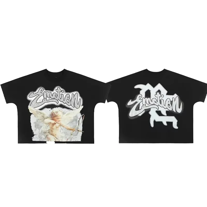 2026 Men Y2K Cropped Graphic T‑Shirt Retro Cupid Angel Double‑Sided Print Short Sleeve Streetwear Tops