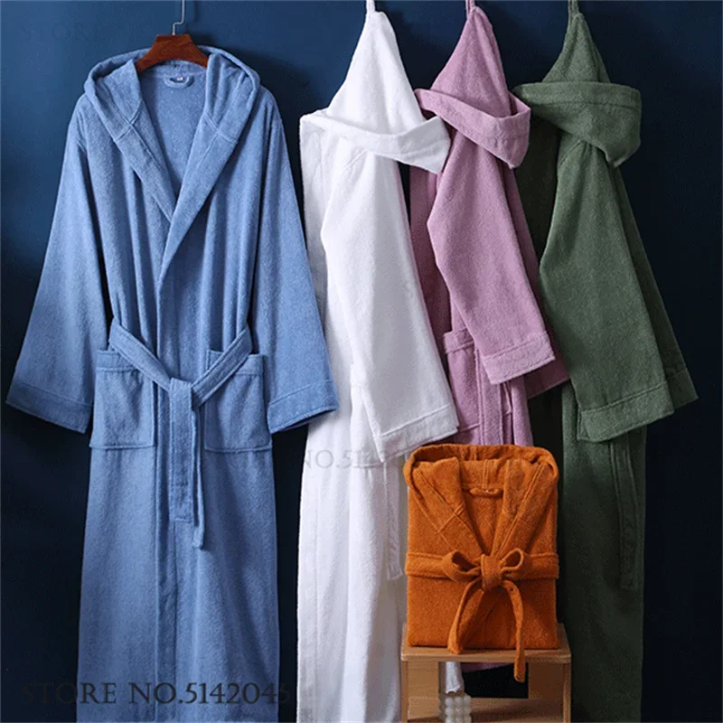 

100% Cotton Hooded Long Robe Sleepwear Couple Kimono Bathrobe Gown Spring Autumn Nightwear Home Dress Loose Casual Loungewear