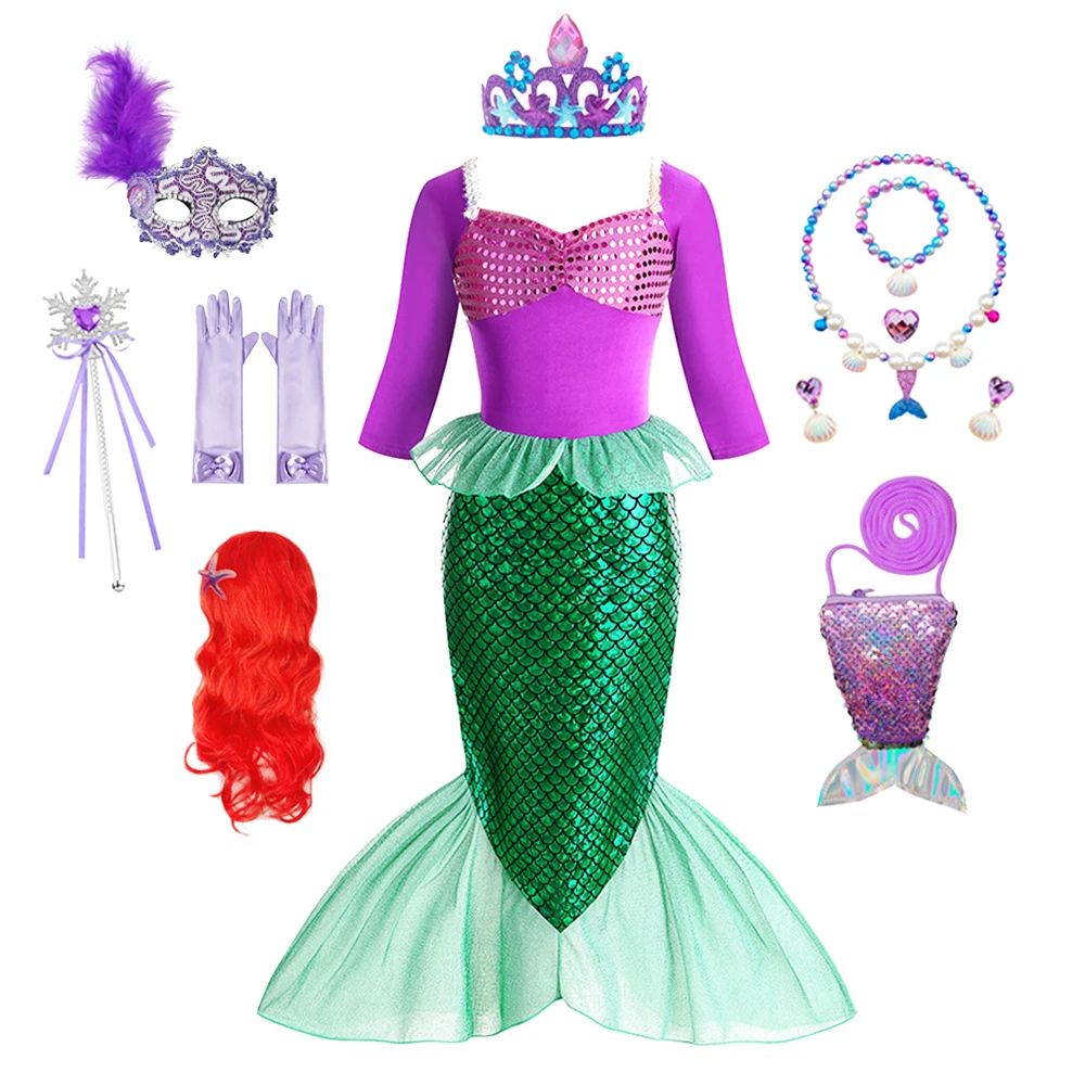 زي حورية البحر أرجواني بأكمام طويلة على شكل ذيل السمكة، فستان جميل لمجموعة حفلات الشاطئ للفتيات #1