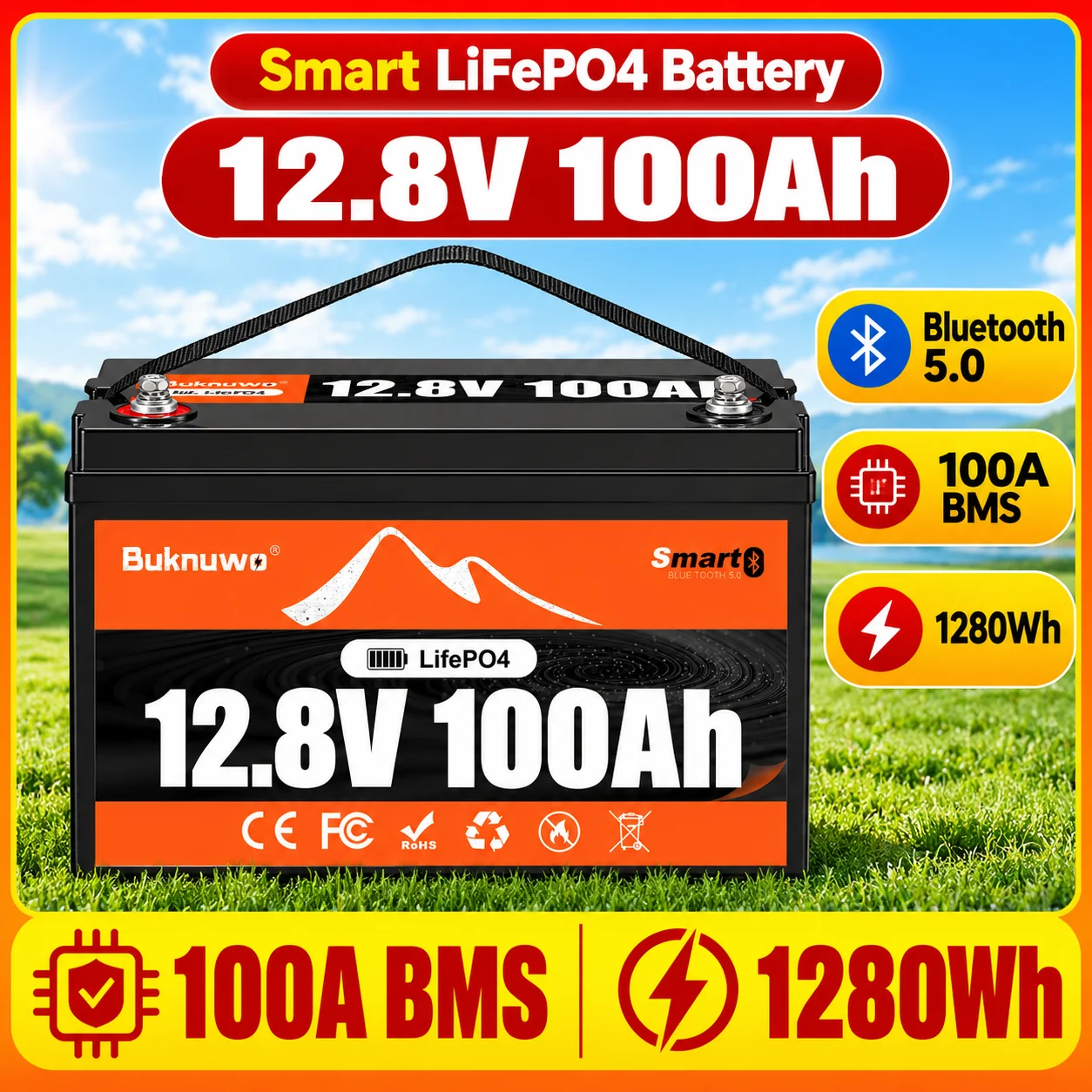 BUKNUWO 12.8V 100Ah Bluetooth 5.0 LiFePO4 Battery 1280Wh iOS Android App Connected Deep Cycle Lithium Pack with 100A Smart BMS for RV Solar Overlanding