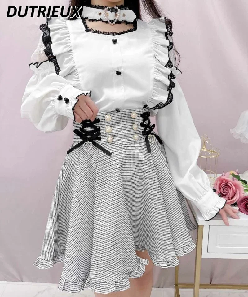 Lolita Japanese Style Sweet Cute Women's Skirts Summer Side Lace-up Ruffle High Waist Casual Skirt for Lady 2024 New Fashion