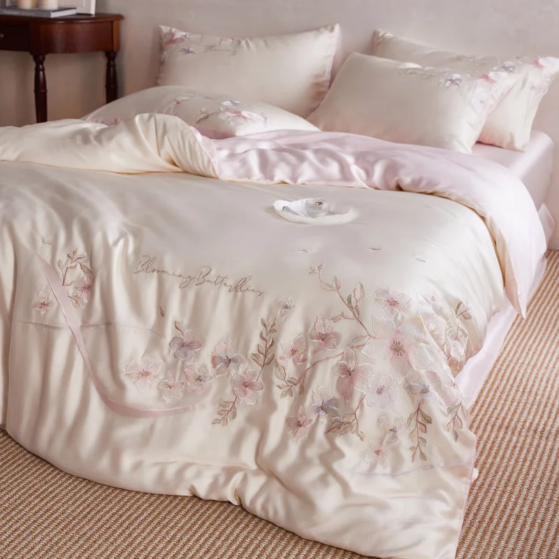 600TC Lyocell Luxury Silky Cooling Bedding Set Floral Embroidery Duvet Cover Bed Sheet Pillowcases Summer Nude Sleep Bed Linen
