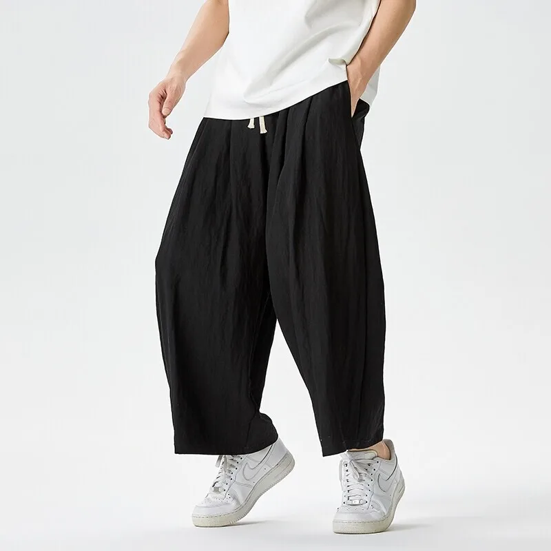 Men Korean Wide Leg Pants 2025 Men Black Loose Casual Trousers Men Soild Color Chinese Style Streetwear Joggers Cargo Pants