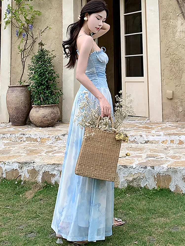 2025 Blue Print Chic Bow Ruffled Sling Sexy Long Dress Women Elegant Casual Beach Style Dress Summer Korean Bodycon Party Dress