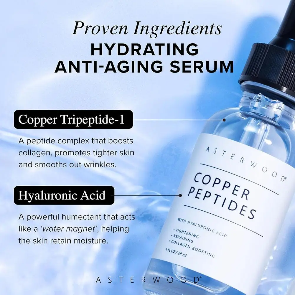 Copper Peptide Serum Anti Wrinkle Remover Antioxidant Tighten Skin Barrier Repair Deep Hydration Hyaluronic Acid Face Serum
