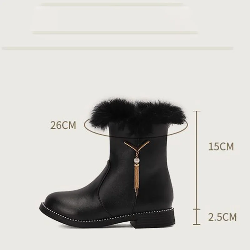 Girls' Round Toe Princesa Ankle Boots, Saltos Grossa, Zíper, Metal, Pequeno, Tamanho 31, 32, 33, Plush, Quente, Inverno, 2.5cm