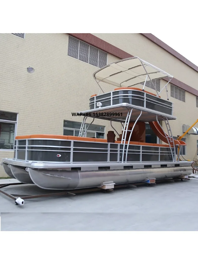 China 30 Foot Double Decker Pontoon Boat with Motor Trailer Two-Story Aluminum Hull Slide for Fishing Outboard Engine Included
