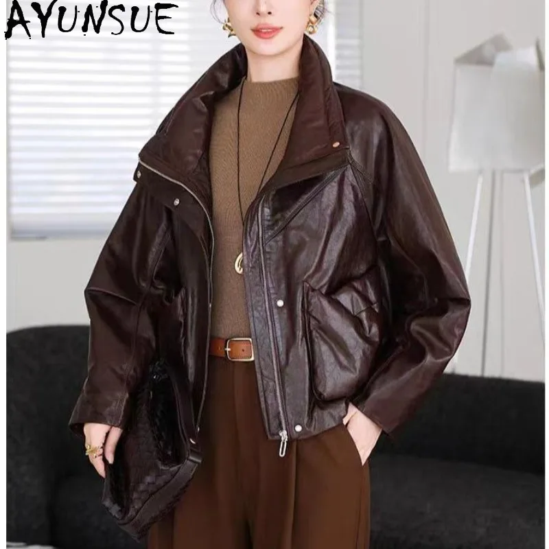 AYUNSUE Real Leather Jacket Woman Short Fashion Sheepskin Goose Down Jackets Loose Warm Women Winter Coat Woman Clothes Jaqueta