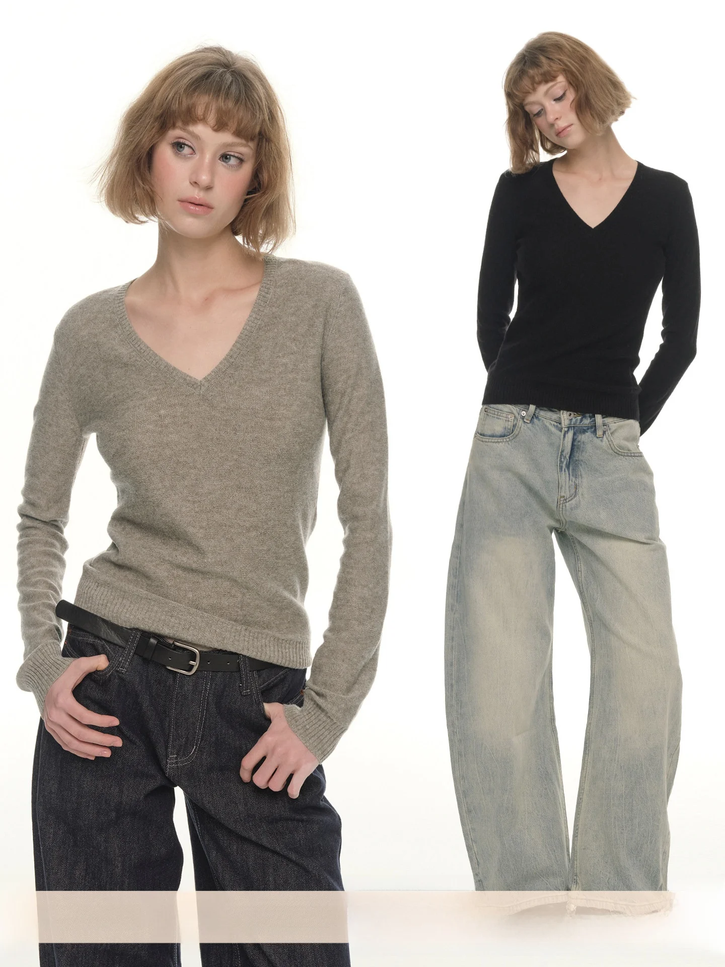 

Women's Wool Blend V-Ne Knitwear Long Sve Slim Fit Base irt Bla Ele Autumn Winter Faion Retro Sle Top