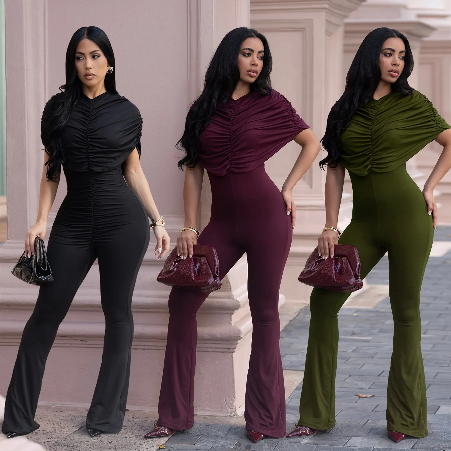 

Nightclubs parties dances and banquets Elegant stylish figure-hugging solid-colour wide-leg jumpsuit