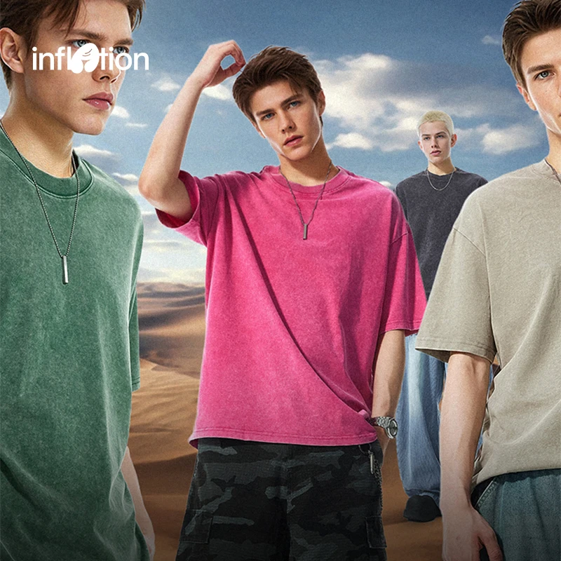 

INFLATION Men's Dune Snow Wash T-Shirt 270GSM Heavyweight Cotton Oversized Tee Vintage Distressed Streetwear Short Sleeve