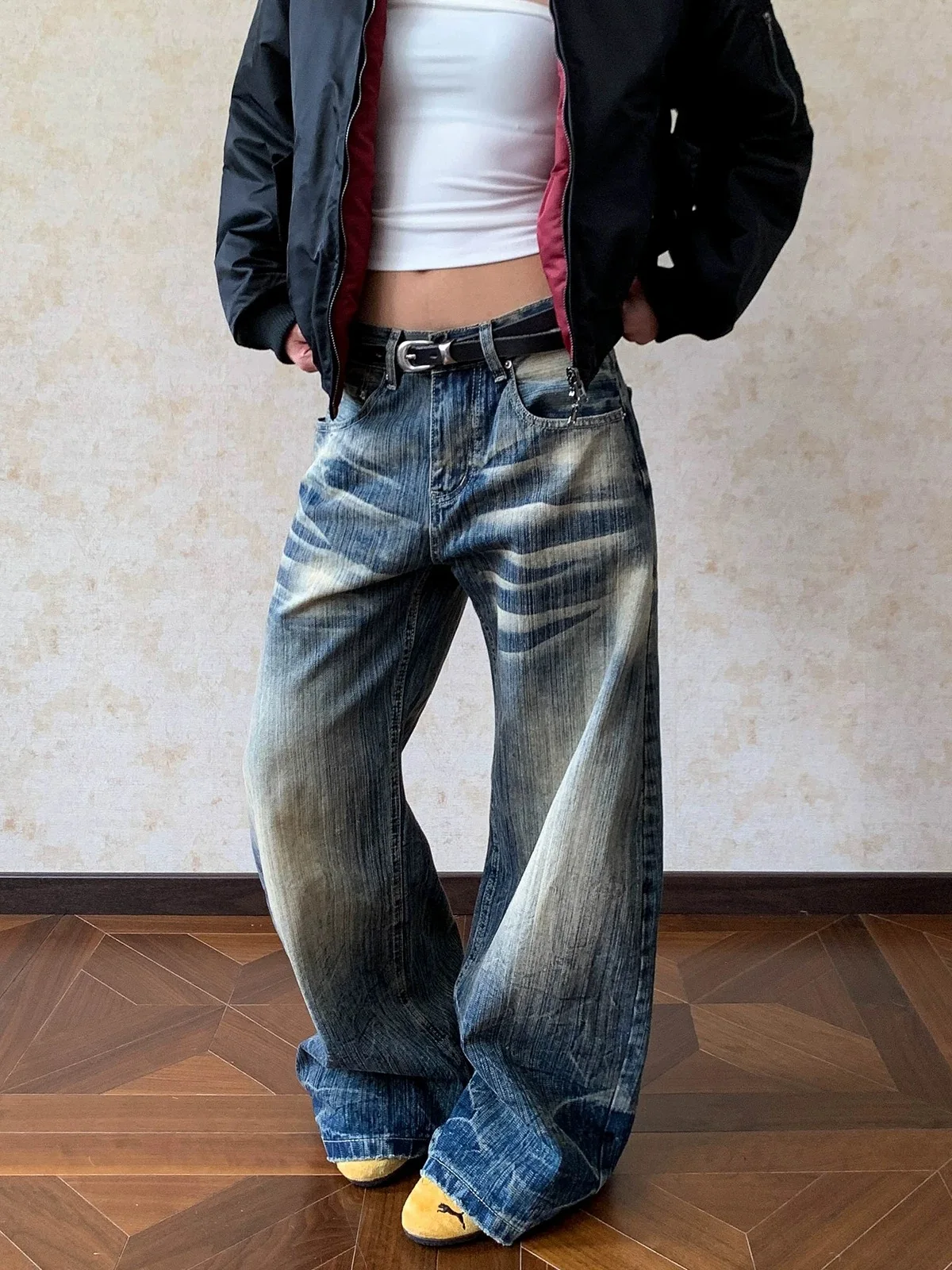 Y2K Lightning Jeans Donna Modello lavato americano Pantaloni larghi a gamba larga con coltello curvo Pantaloni da strada robusti a gamba dritta