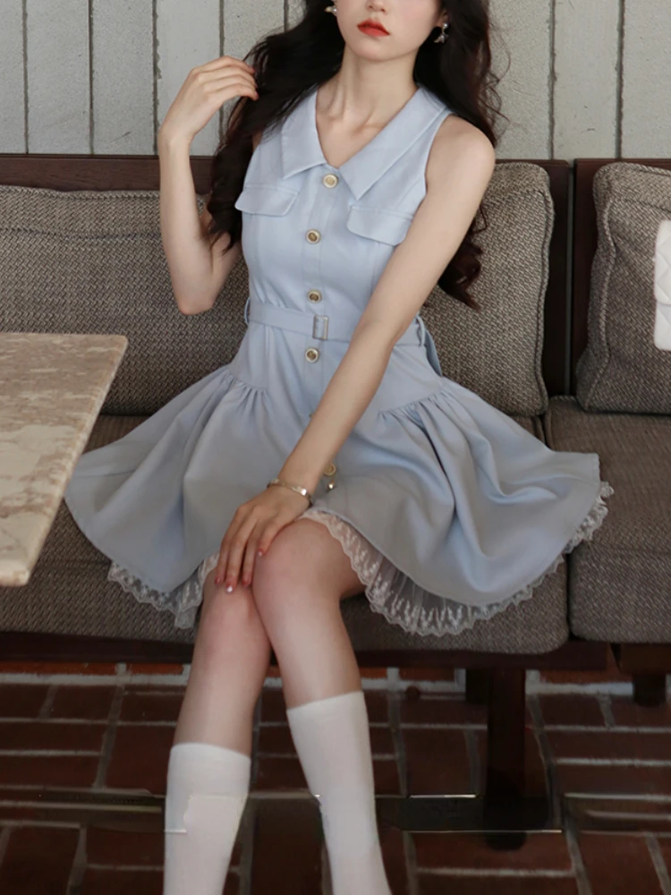 Summer Blue Casual Elegant Dress Women Sleeveless France Vintage Party Mini Dress Female Lace A-line Korean Sweet Dress 2023 New