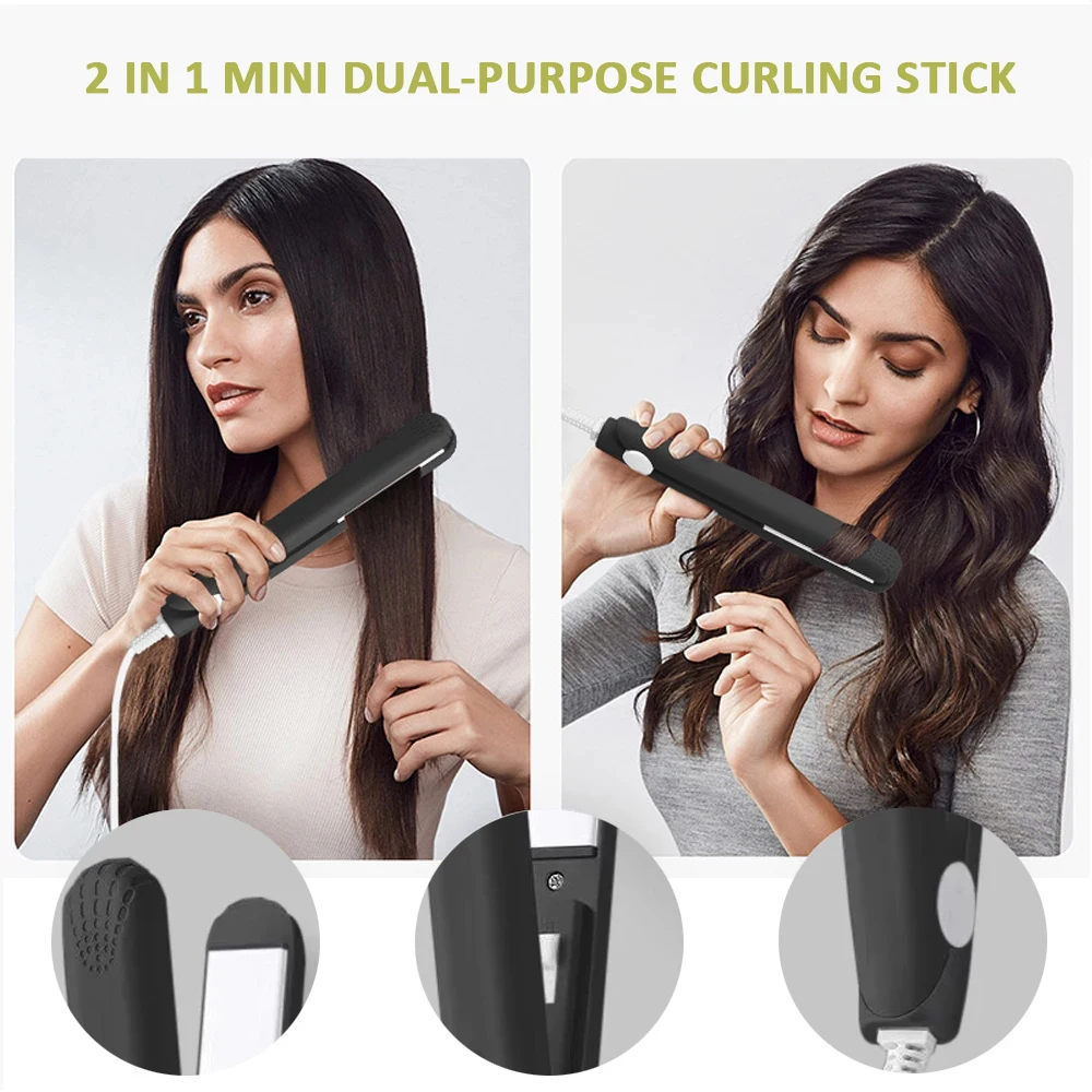 Mini Splint Flat Iron Hair Straightener Curling Wand Curly Ceramic Curler Straight Dual Purpose Hair Styling Tool WITH Hair Clip