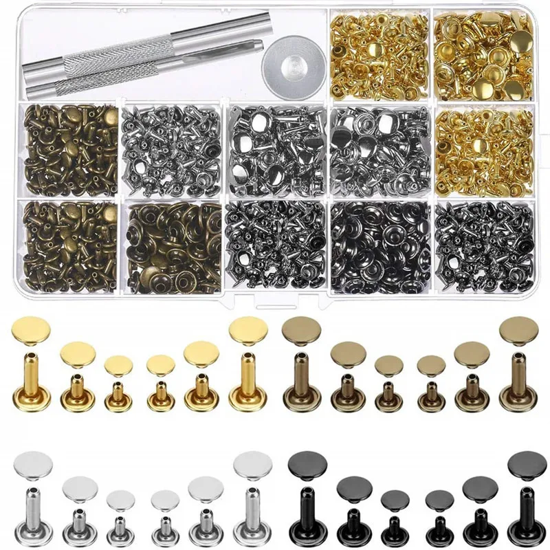 

480 Sets 4 Colors 3 Sizes Leather Rivets Double Cap Rivet Tubular Metal Studs with Tool Kit for Leather Craft Repairs Decoration