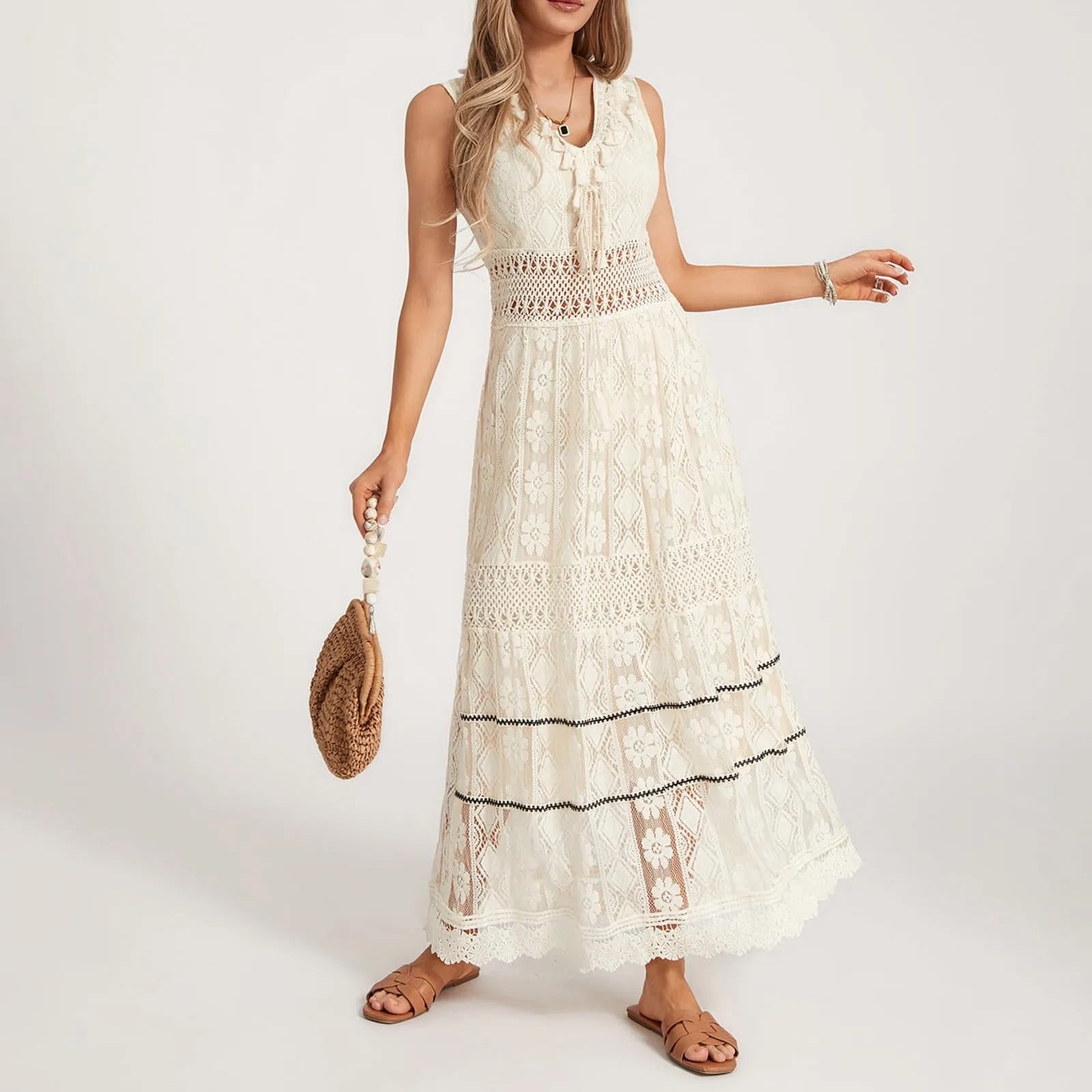 

Summer Holiday Hollow Crochet Long Dress Women Lace Trim Tassel Decorate Sleeveless Dresses Vintage Elegant Lady Dress Vestidos