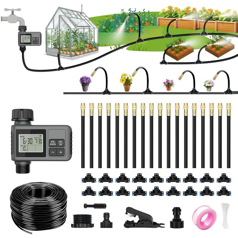

60FT Drip Irrigation System with Water Timer – Automatic Garden Watering Kit with 360° Bendable Hose & Adjustable Nozzles, Smart