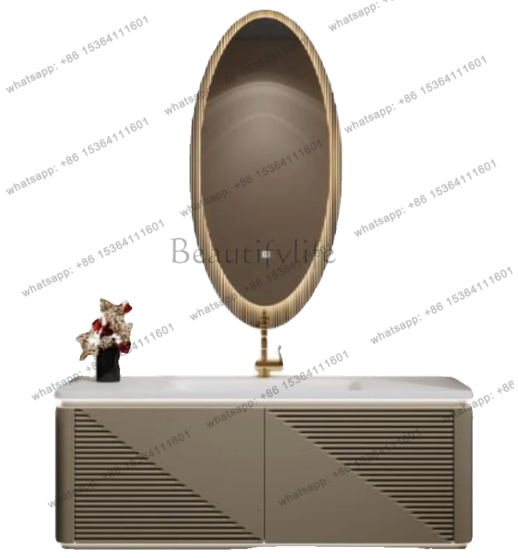 Modern light luxury integrated basin bathroom cabinet oak bathroom cabinet combination customization