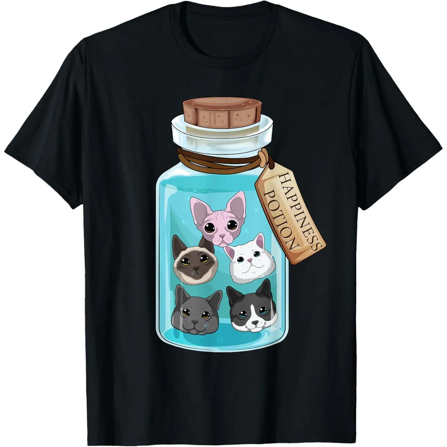 Cats Happiness Potion Graphic Crewneck Tee Cute Kitten Lovers Casual Men Graphic Tee
