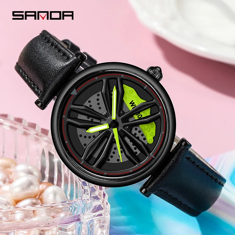 SANDA 1010 1074 New Fashion Luxury 360 Rotating Car Wheel Dial Sports Quartz Watch Casual Leather Strap Waterproof Wristwatches