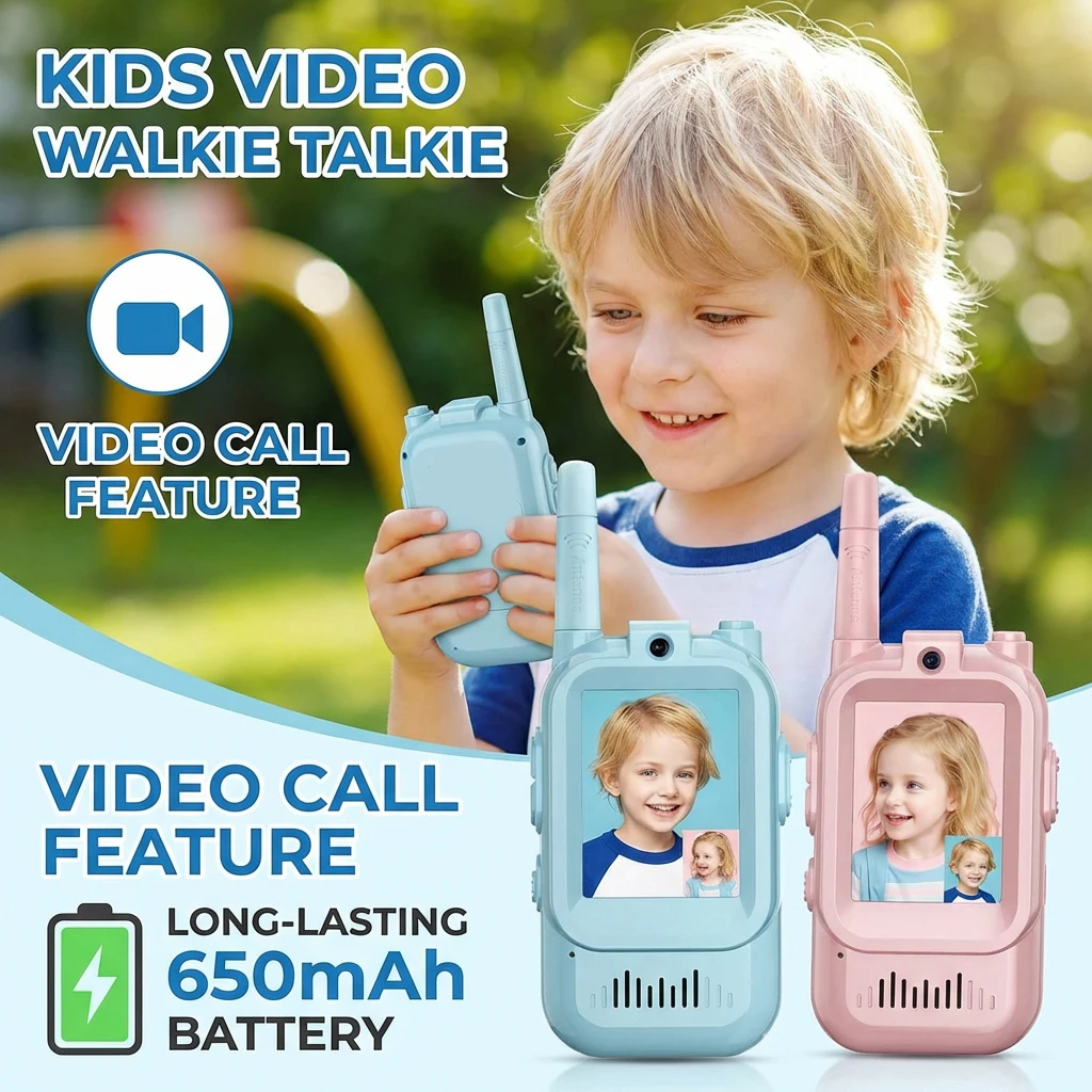 2PCS 어린이 비디오 워키 토키 키즈 장난감 2인치 HD 화면 USB-C 충전식 원클릭 HD 통화 인터콤 소년 소녀 생일 선물