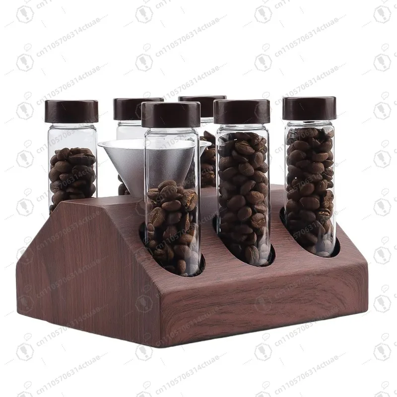 

20G single dose coffee bean storage container set of 6 coffee beans storage glass tube metal display stand funnel