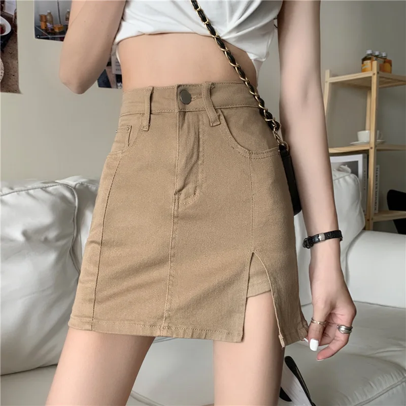 

Джинсовая юбка с высокой талией и разрезом, женская, весна-лето, новая корейская модель, эластичная, А-силуэт, для полных женщин, больших размеров, винтажная