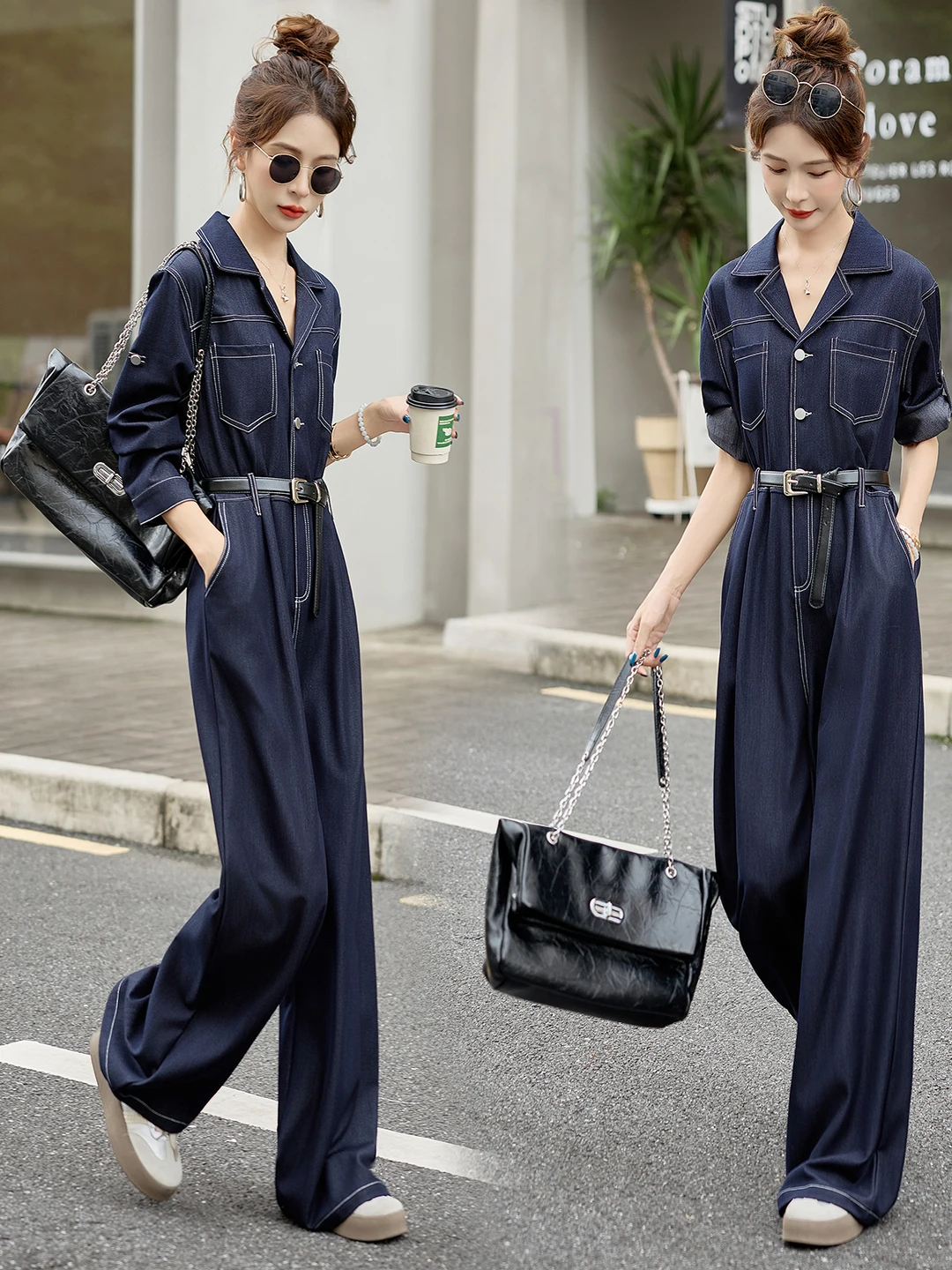 

High Waist Wide Leg Onesie Pants for Women with Belt Casual Faionable T Collar Silk Denim Jumpsuit Autumn Wear