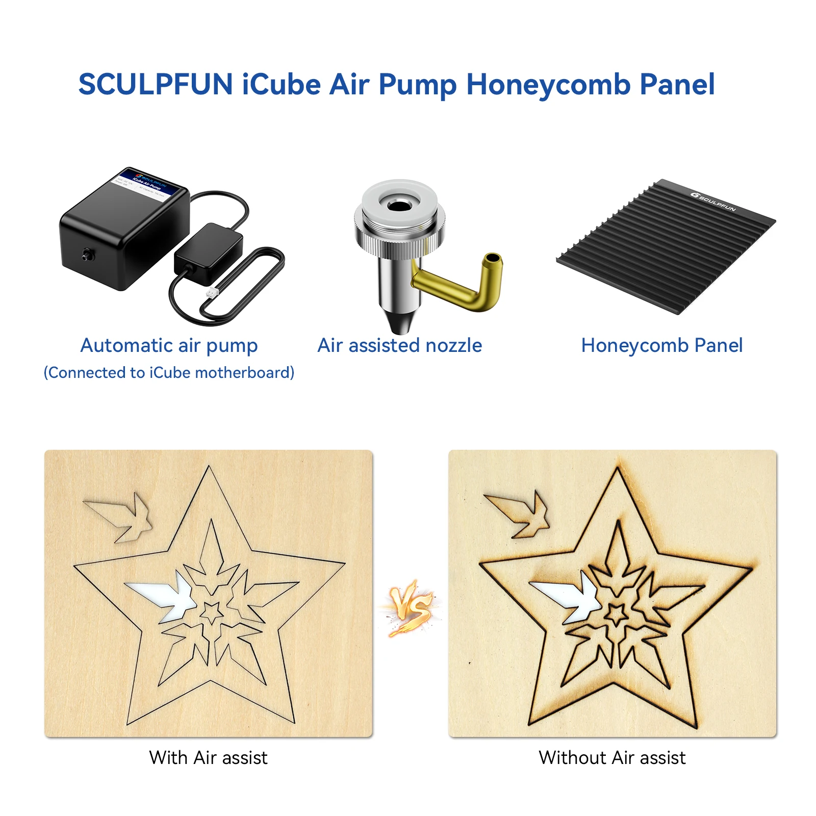 【Sale】SCULPFUN ICube 2in1 Honeycomb Working Table for Desktop Laser Engraver Protection Laser Cutting 15L/Min Air Pump Low Noise