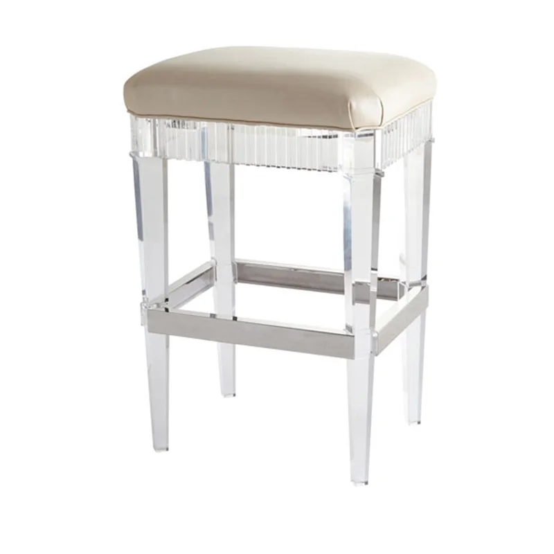 

Customized Acrylic Stool Light Luxury Leather Cushion Edge Transparent Glass Bar High Stool