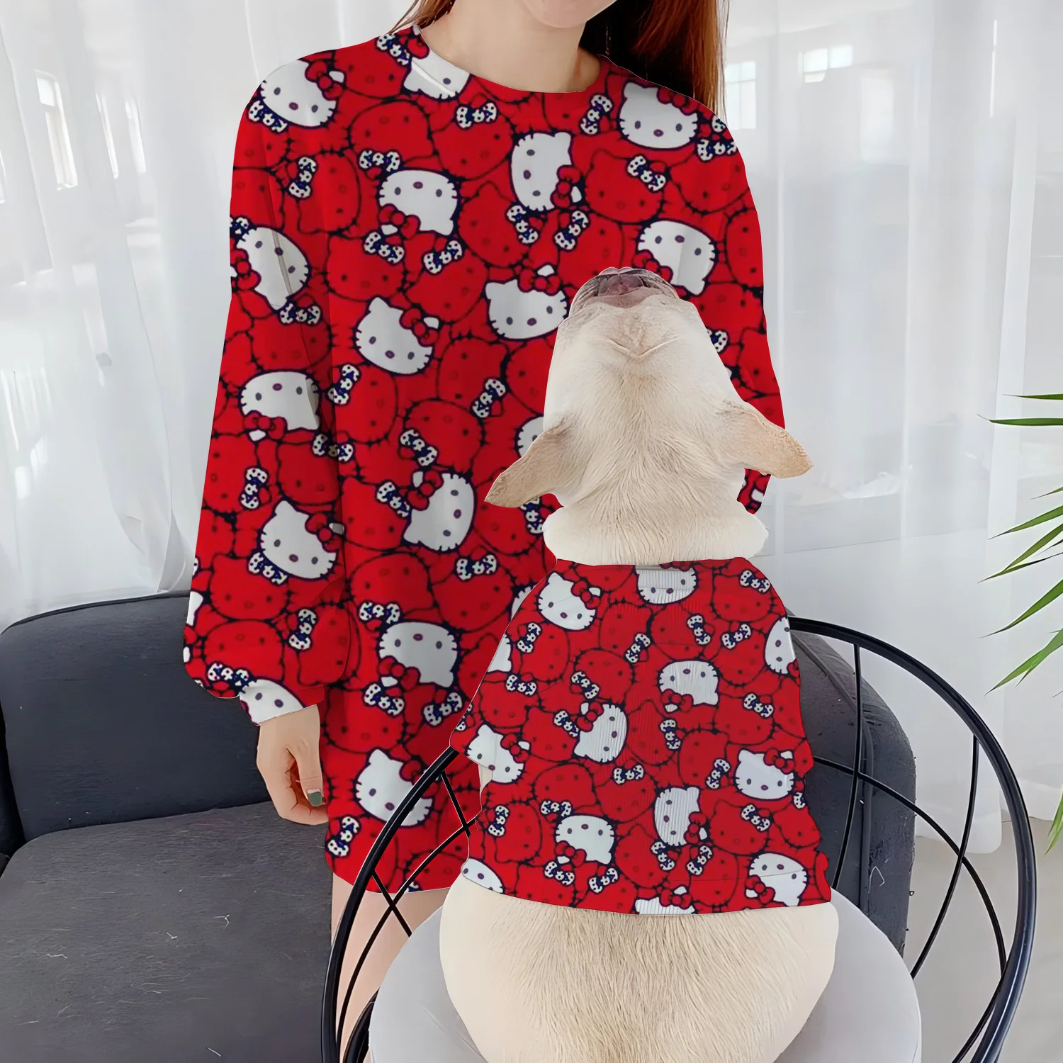 Casual Sweatshirts Women's Pet Clothing Autumn Clothes Winter Puppy Round Neck Dog Parent-Child Hello Kitty Pullover Long Sleeve