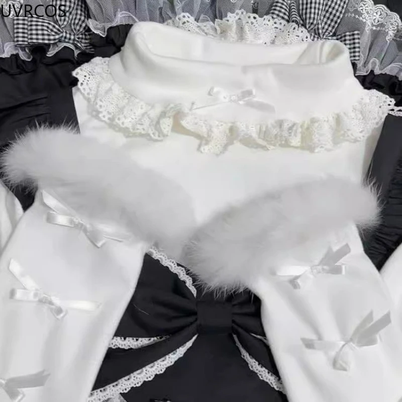 Dolce stile Lolita Mezza collo alto Top Donna Grunge Slim Fit T-shirt con fiocco in pizzo Inverno Y2k Estetica Patchwork di pelliccia Kawaii Tees