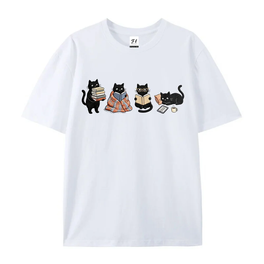 Women T Shirt Reading Black Cats Graphic Book Lover Print Summer Short Sleeve Casual Crewneck Harajuku Loose Top Clothes