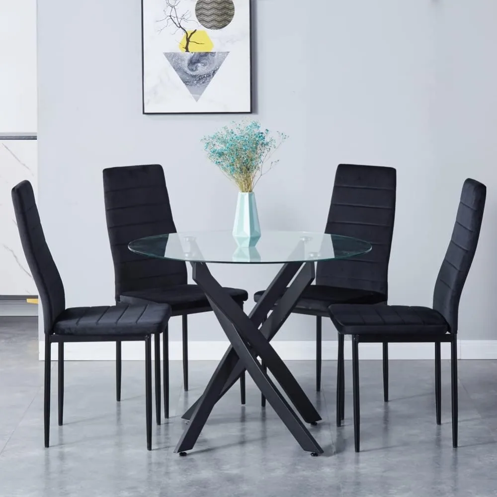 

Tempered Glass Dining Table Set for 4, 5-Piece Modern Kitchen Table Set with 4 Upholstered Chair for Kitchen Dining Room (