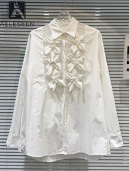 AELESEEN Designer Fashion Long Blouse Women Autumn See-through 3D Appliques Flower Loose Casual White Mesh Patchwork Shirt