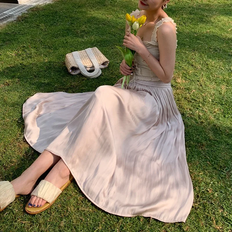 Spódnica o kroju litery A z wysokim stanem, elastyczna, błyszcząca, gładka, z włókna poliestrowego, biznesowa, codzienna, z wysokim stanem, elegancka, nowość na wiosnę i lato.