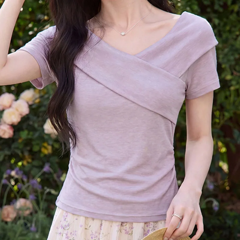 Women Short Sleeve T-shirt Irregular V-neck Design High Waist Pleated Elastic Slim Solid Color Simple Daily Casual Versatile Top