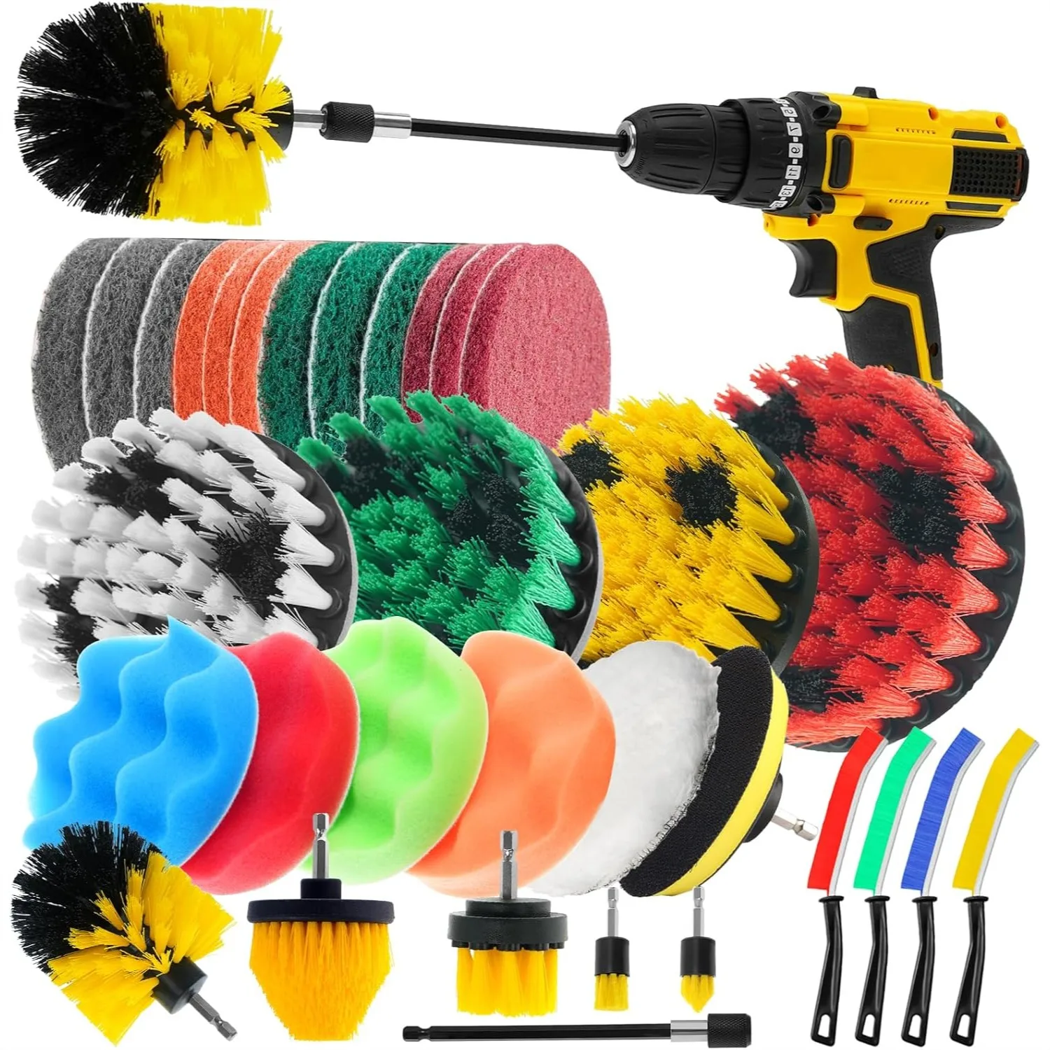 

32 Pack Drill Brush Attachments Set for Home Cleaning - Scrub Pads, Sponge, Buffing Pads, Crevice Tool