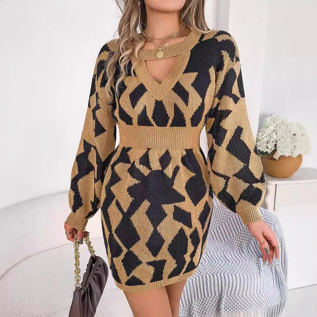 

2024 Autumn/Winter Casual Color blocked Hollow Lantern Sleeve Waist elegant office lady Sweater bandage mini Dresses for women