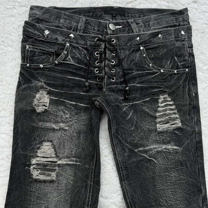 Mens Jeans Harajuku Vintage Streetwear Washed Distressed Ripped Denim Pants Double Waist Micro Flared Loose Fit Long Casual New