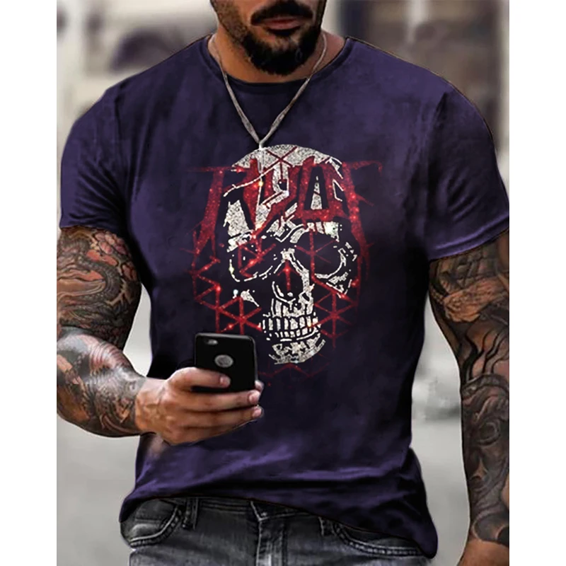 New High Quality Fashion Men's Clothing Oversized Tee y2k Skull Rhinestone Designer Short Sleeve Tops Home Casual Street t-shirt