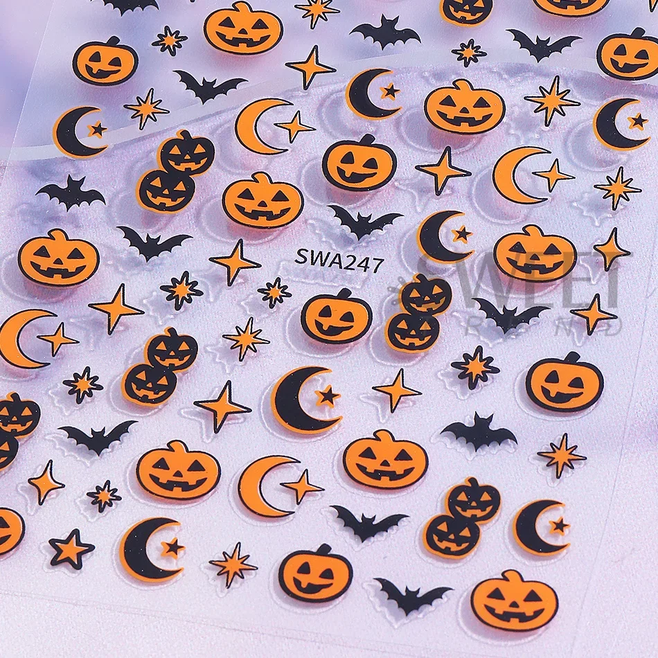 2 Stück Halloween-Nagelaufkleber, niedliches Cartoon-Design mit Kürbis, Fledermaus, Spinnennetz, Stern, Mond, selbstklebende Nagelaufkleber, Maniküre-Dekorationen – Detail 7