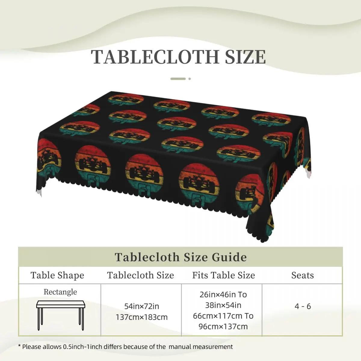 F1 Shape, Vintage Color Sunset, F1 Mask Customized Rectangular Tablecloth Oilproof Table Cover for Dining Events Table Cloth