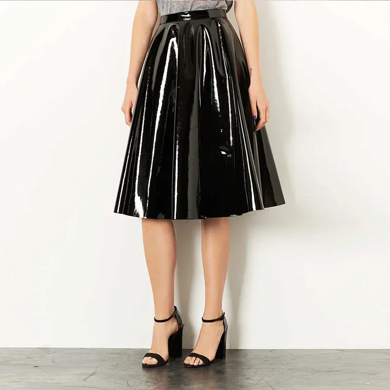 High Waist PU Leather Pleated Midi Skirt Women Sexy Latex Leather Midi A-Line Skirt Ladies Pvc Loose Skirts Clubwear New Custom