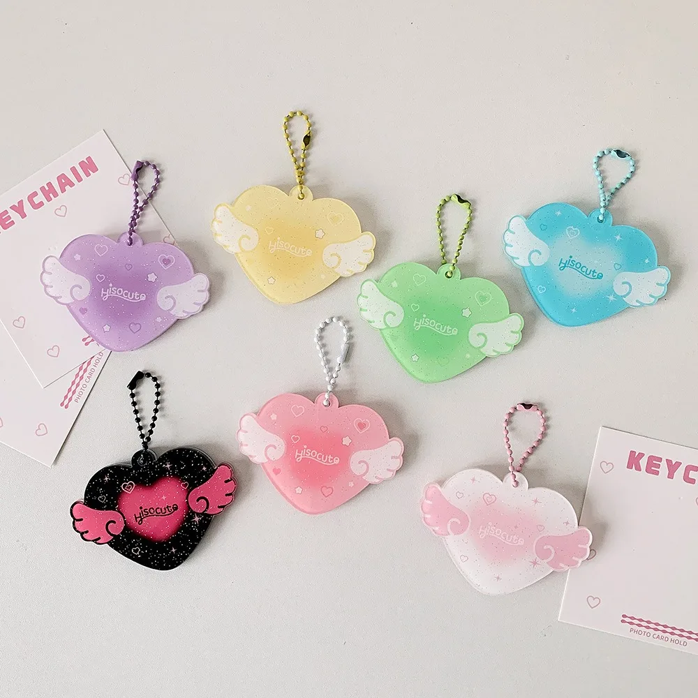With Keychain Mini Photocard Holder Love Heart Wing Pendant Acrylic Card Cover ID Photo Photocard Frame Hanging Decoration