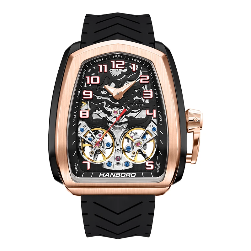 HANBORO volautomatisch mechanisch herenhorloge uitgehold polshorloge trend waterdicht lichtgevend horloge