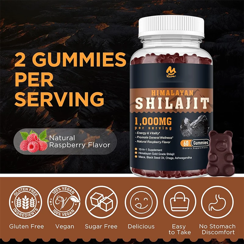 Gummies 1000 mg - Pure Himalaya biologisch voor mannen, vrouwen 85+ Trace Minerals Shilajit-hars met Ashwagandha, Maca, zwarte zaadolie